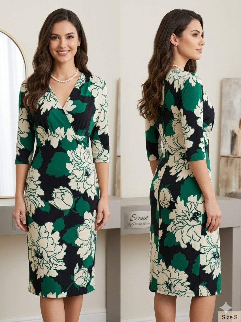 Scene by Donna Ricco Floral Faux Wrap Dress Green Black White Midi Ruched Size S